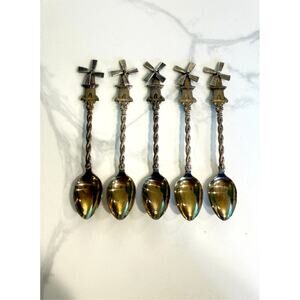 Vintage Holland Windmill Souvenir Spoon Set Silver Plate 5 Pc Twisted Handle